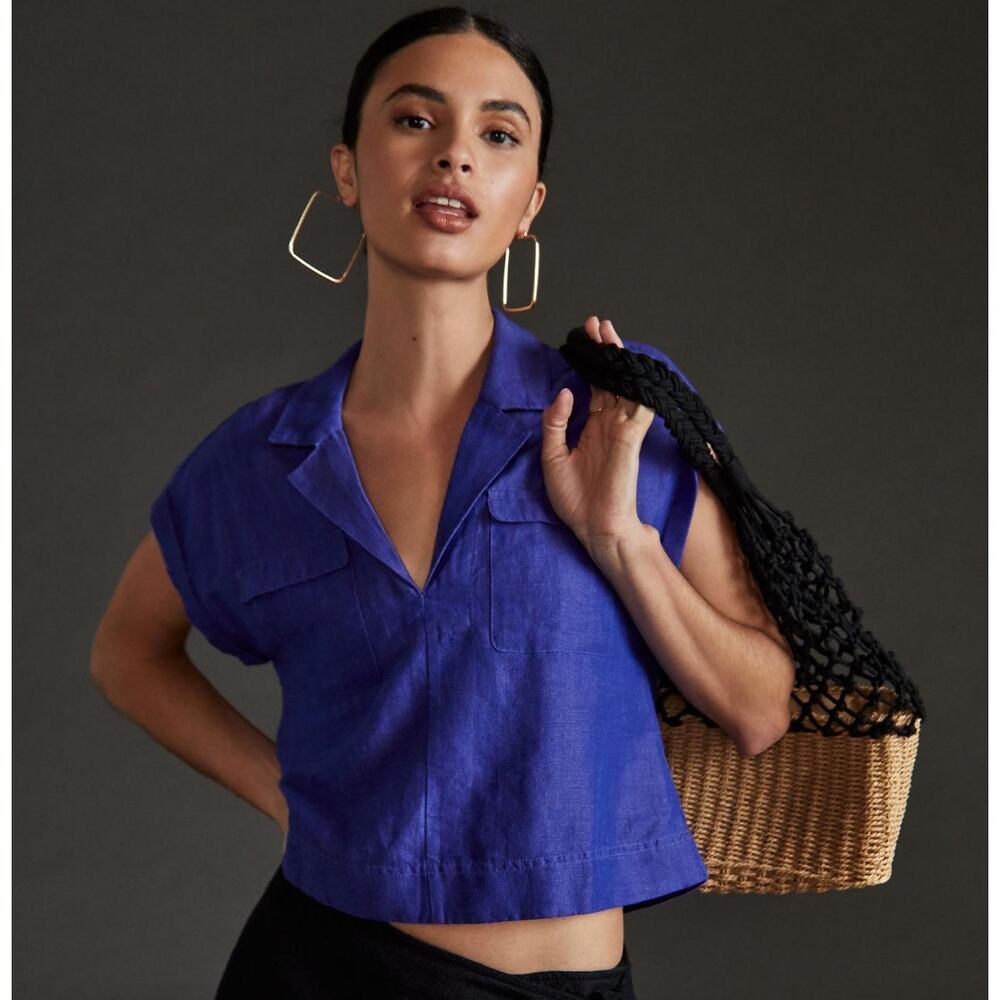 Anthropologie Blue Cropped Utility Pullover